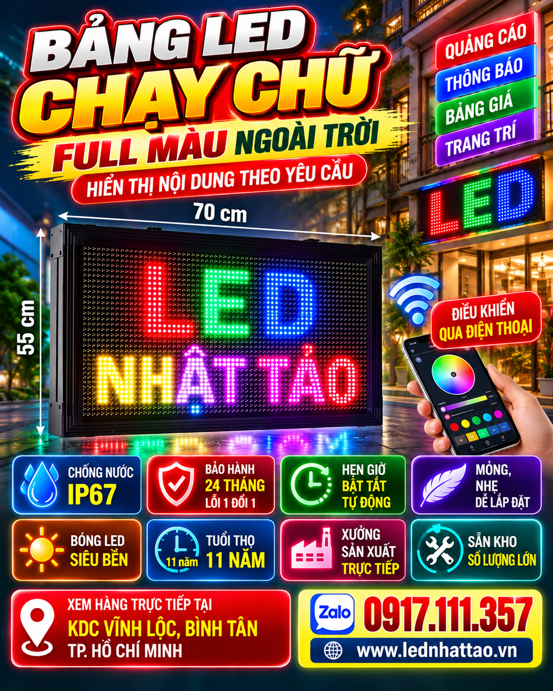 Bảng LED Chạy Chữ Full Màu Ngoài Trời 70 × 55 cm